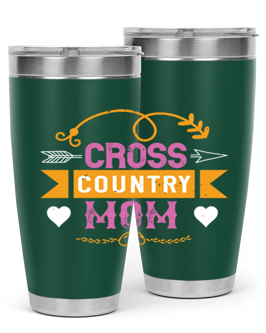 Cross Country Mom 20oz Tumbler in stainless steel with a drink-thru lid, showcasing its sleek design and vibrant print.