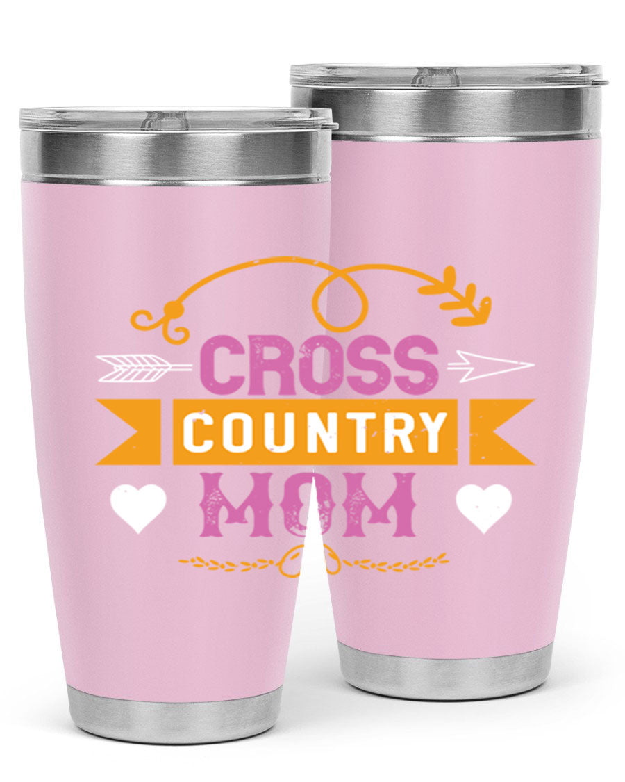 Cross Country Mom 20oz Tumbler in stainless steel with a drink-thru lid, showcasing its sleek design and vibrant print.