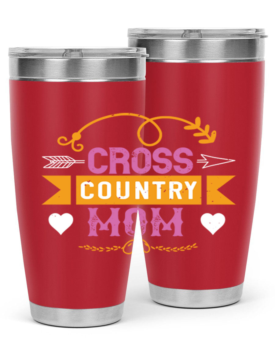Cross Country Mom 20oz Tumbler in stainless steel with a drink-thru lid, showcasing its sleek design and vibrant print.