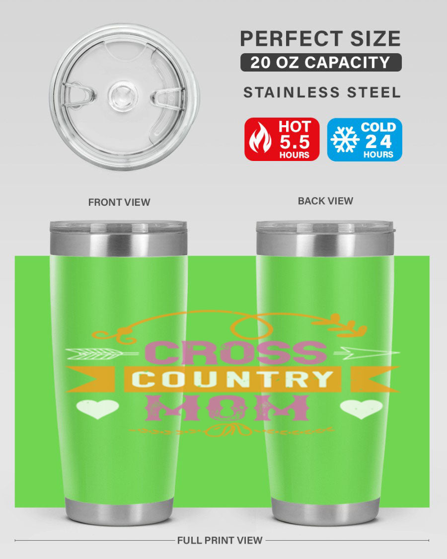 Cross Country Mom 20oz Tumbler in stainless steel with a drink-thru lid, showcasing its sleek design and vibrant print.