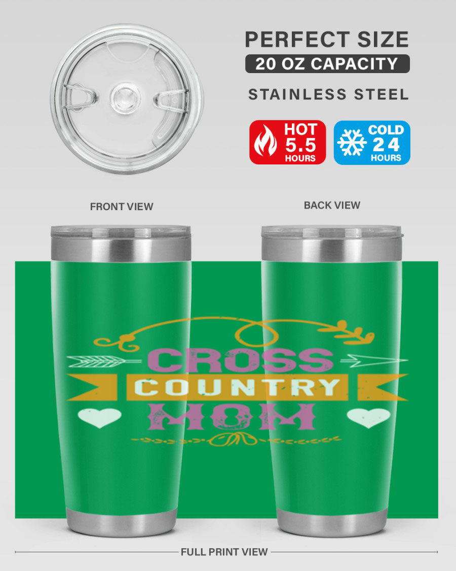Cross Country Mom 20oz Tumbler in stainless steel with a drink-thru lid, showcasing its sleek design and vibrant print.