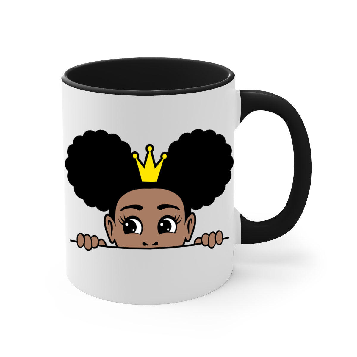 Crown Afro Puffs Mug featuring a glossy finish and colorful handle, designed for Black women and girls.