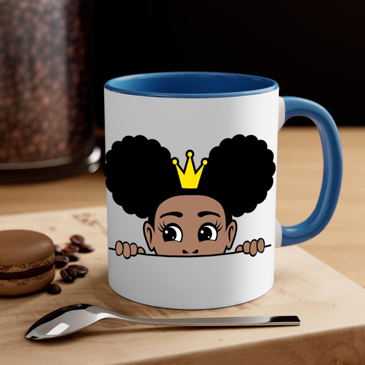 Crown Afro Puffs Mug featuring a glossy finish and colorful handle, designed for Black women and girls.