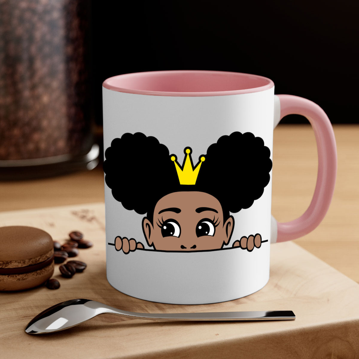 Crown Afro Puffs Mug featuring a glossy finish and colorful handle, designed for Black women and girls.