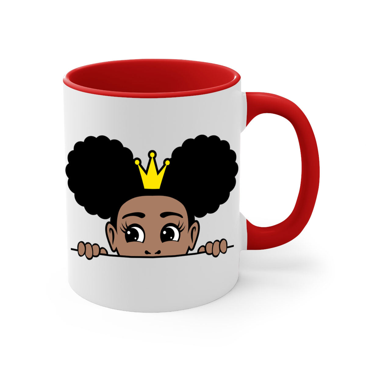 Crown Afro Puffs Mug featuring a glossy finish and colorful handle, designed for Black women and girls.