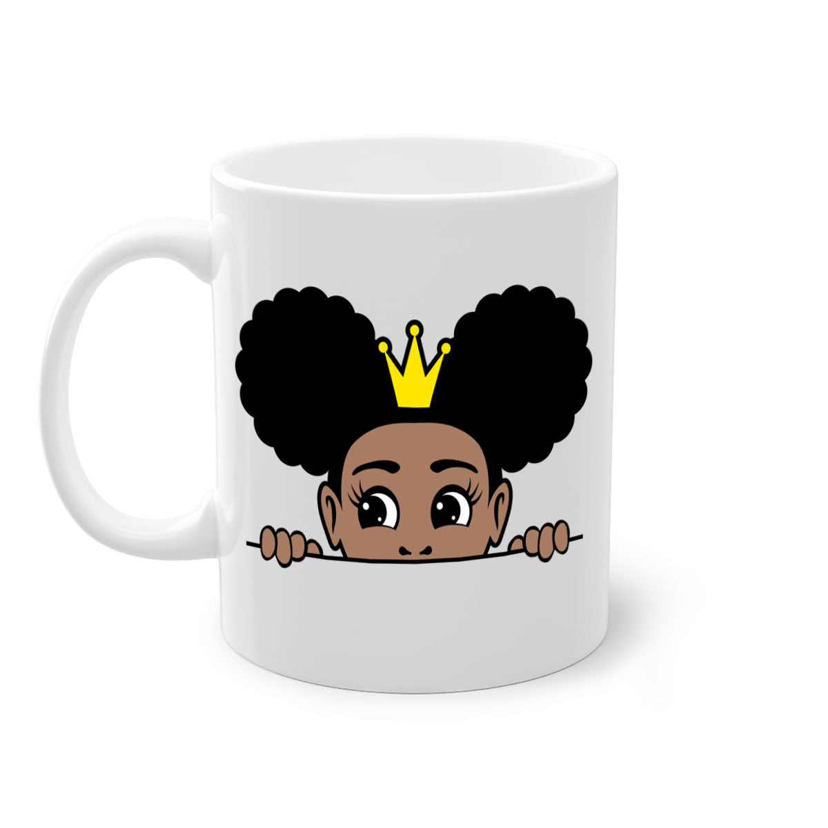 Crown Afro Puffs Mug featuring a glossy finish and colorful handle, designed for Black women and girls.