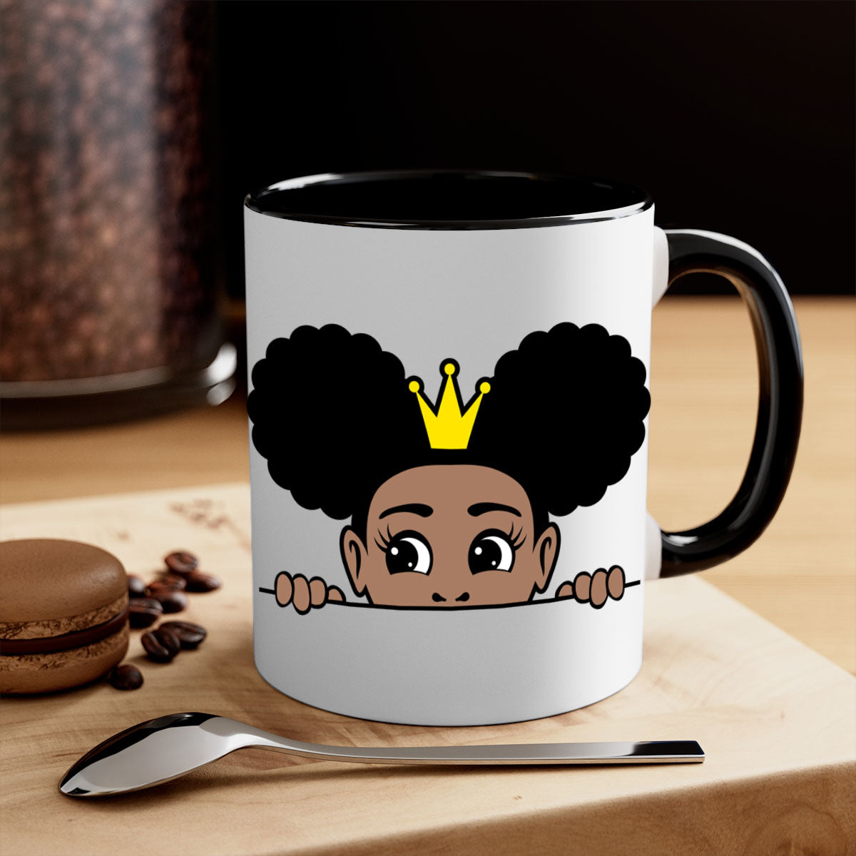 Crown Afro Puffs Mug featuring a glossy finish and colorful handle, designed for Black women and girls.