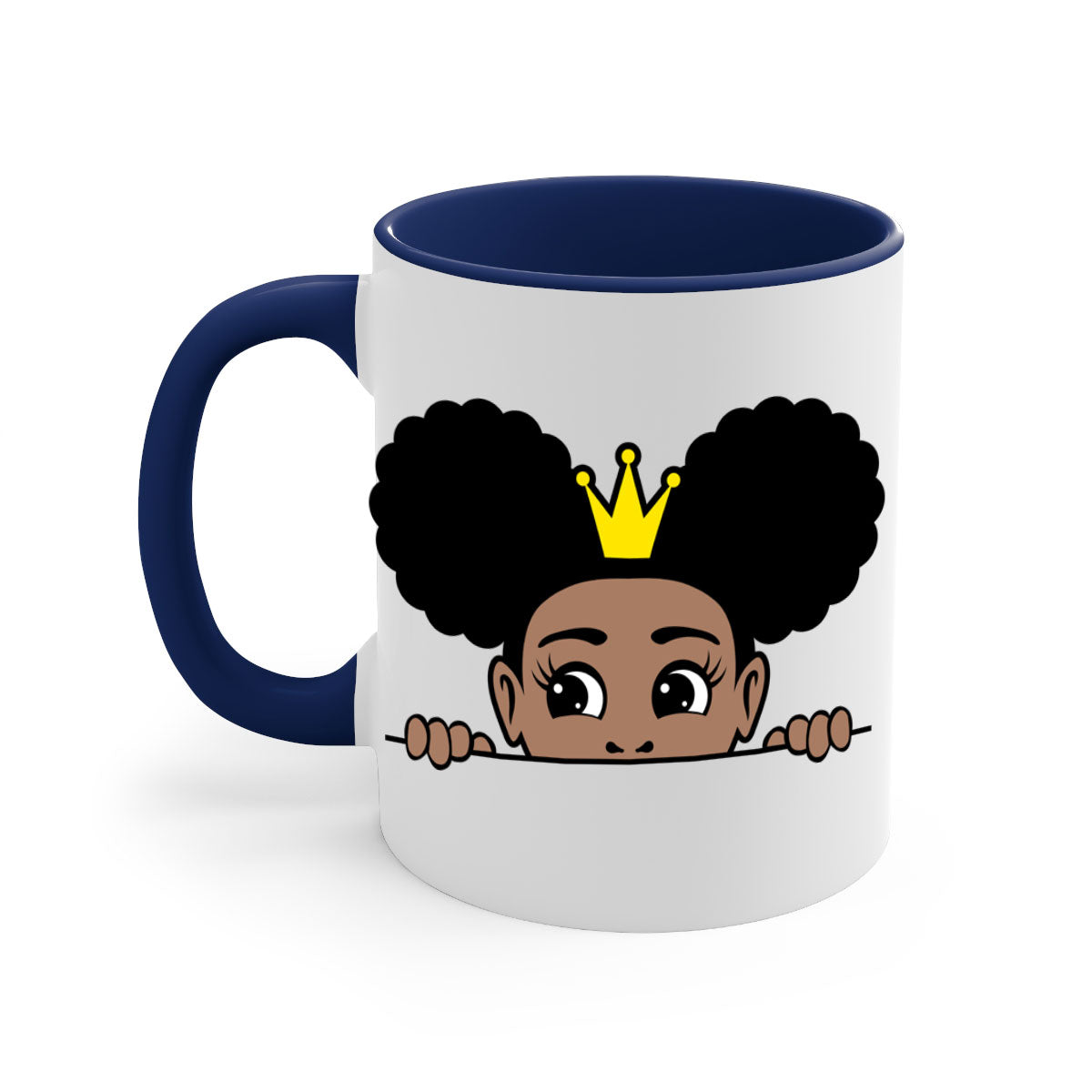 Crown Afro Puffs Mug featuring a glossy finish and colorful handle, designed for Black women and girls.