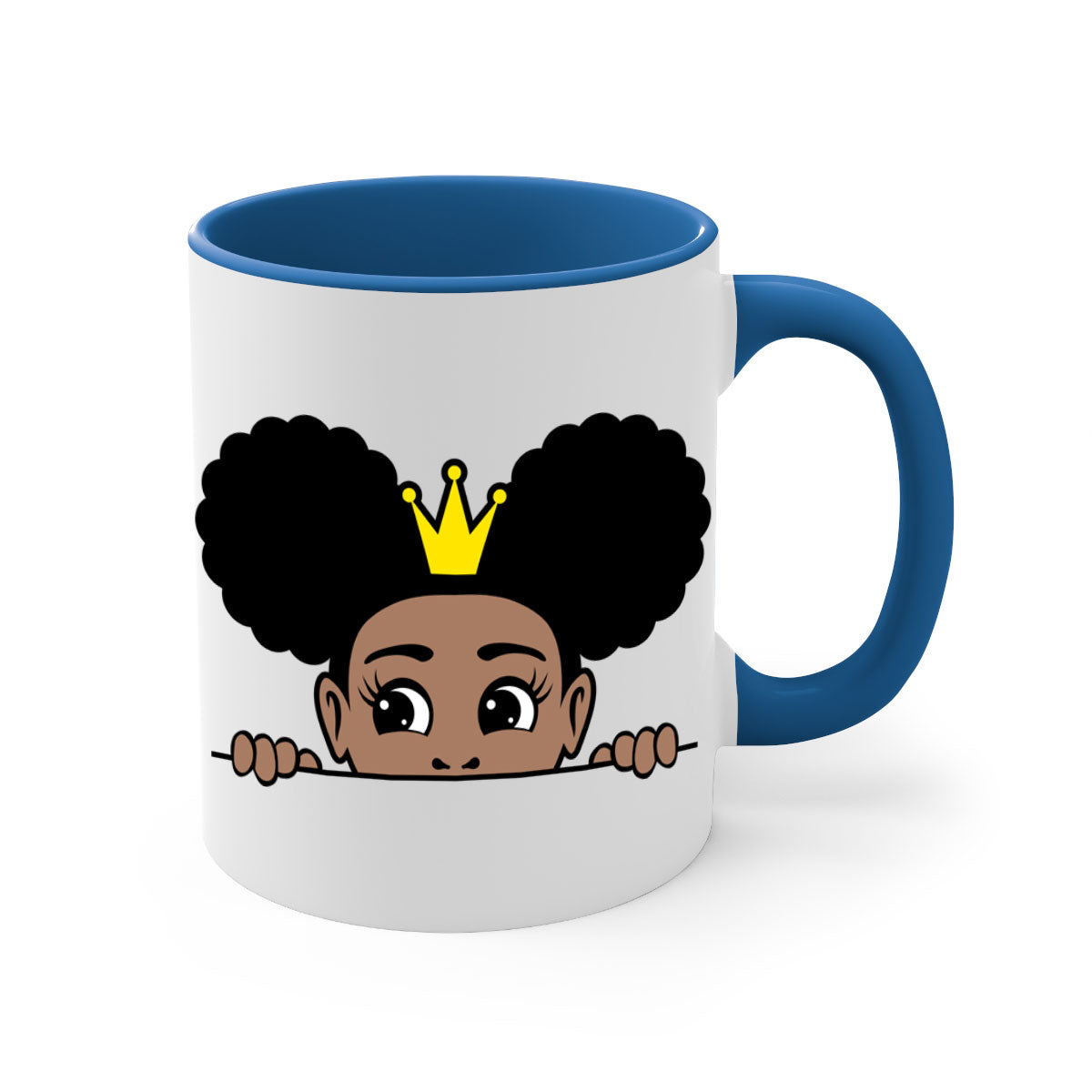 Crown Afro Puffs Mug featuring a glossy finish and colorful handle, designed for Black women and girls.