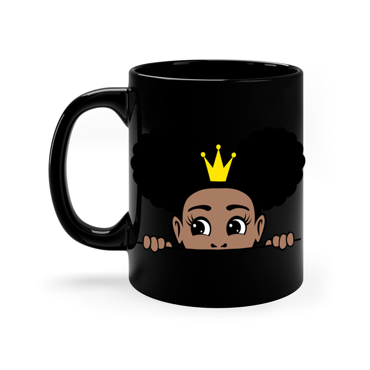 Crown Afro Puffs Mug featuring a glossy finish and colorful handle, designed for Black women and girls.