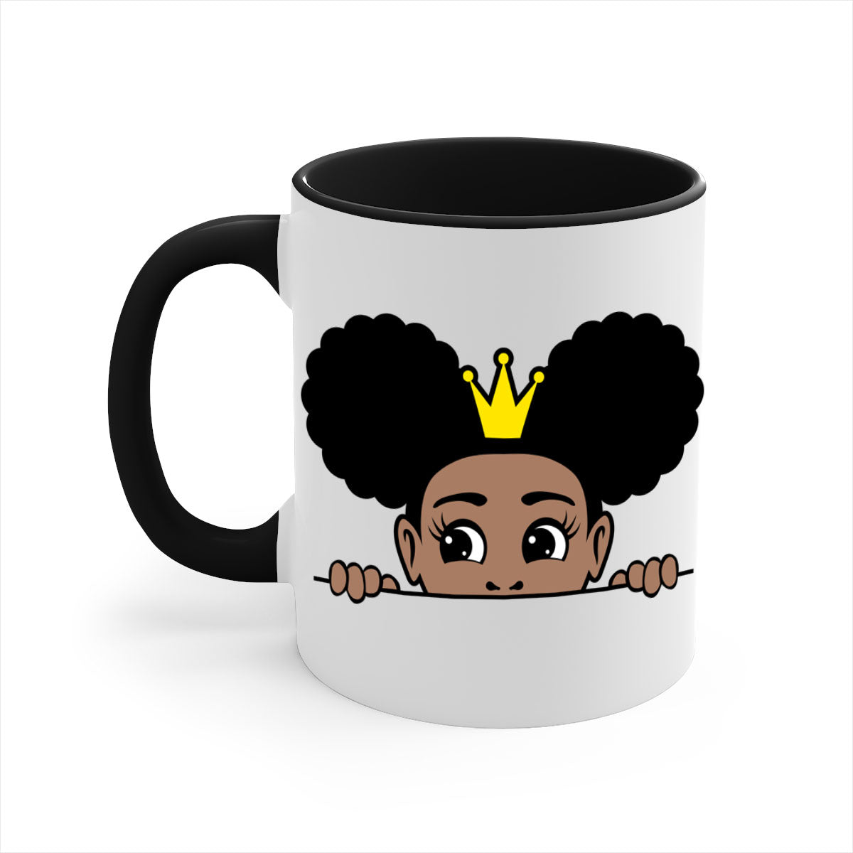 Crown Afro Puffs Mug featuring a glossy finish and colorful handle, designed for Black women and girls.