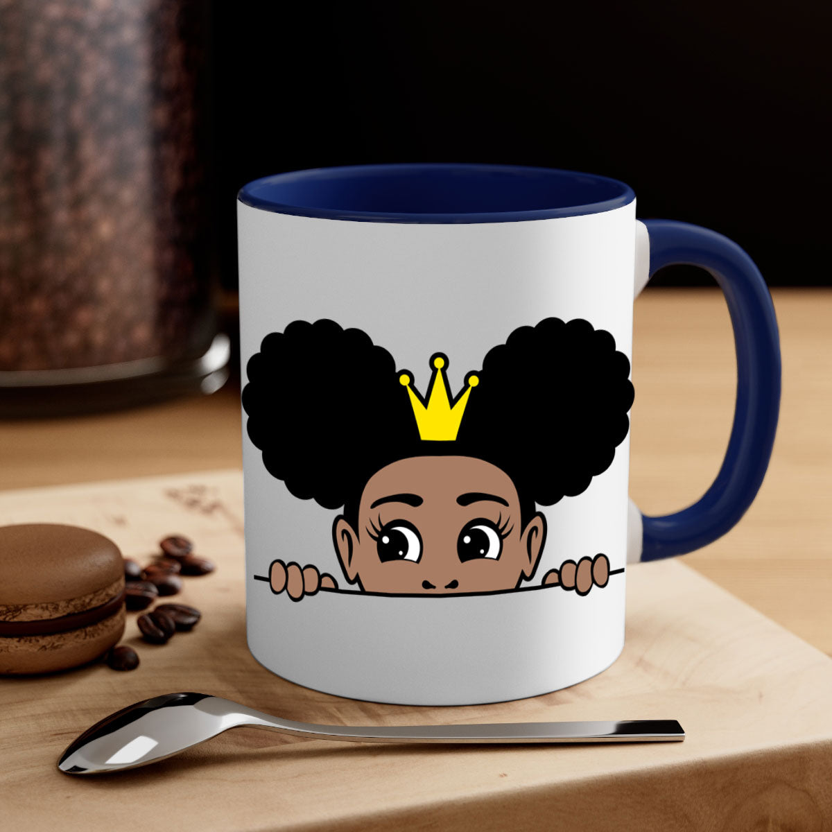 Crown Afro Puffs Mug featuring a glossy finish and colorful handle, designed for Black women and girls.