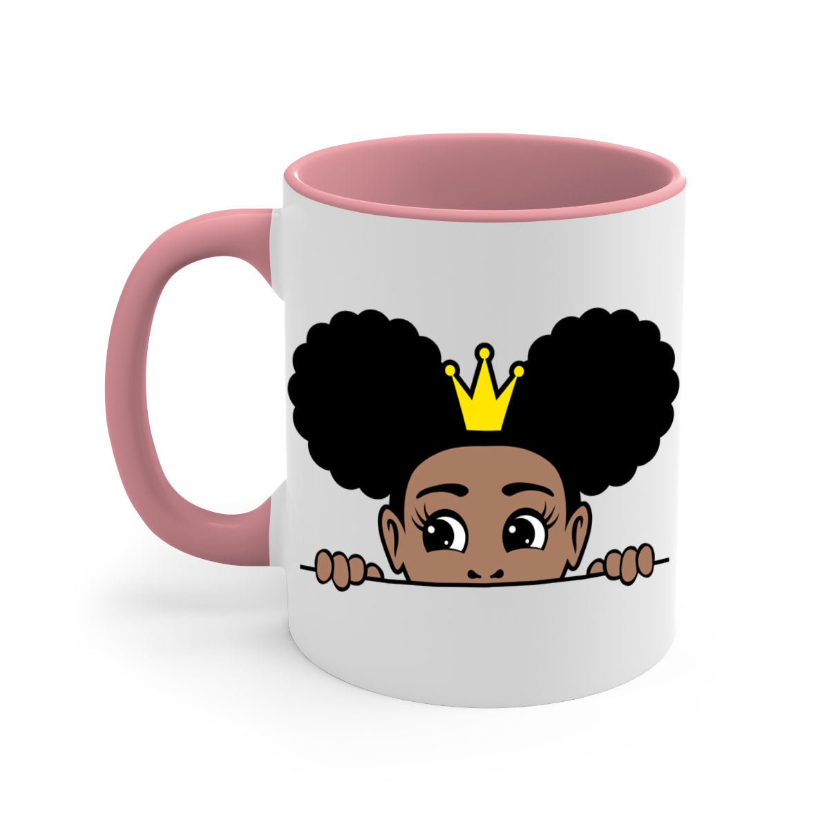 Crown Afro Puffs Mug featuring a glossy finish and colorful handle, designed for Black women and girls.