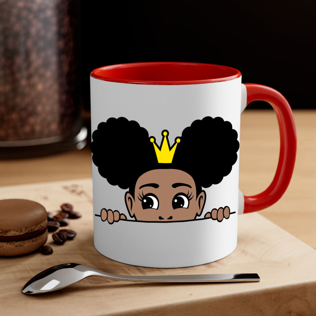 Crown Afro Puffs Mug featuring a glossy finish and colorful handle, designed for Black women and girls.