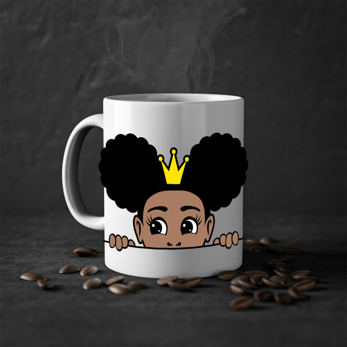 Crown Afro Puffs Mug featuring a glossy finish and colorful handle, designed for Black women and girls.