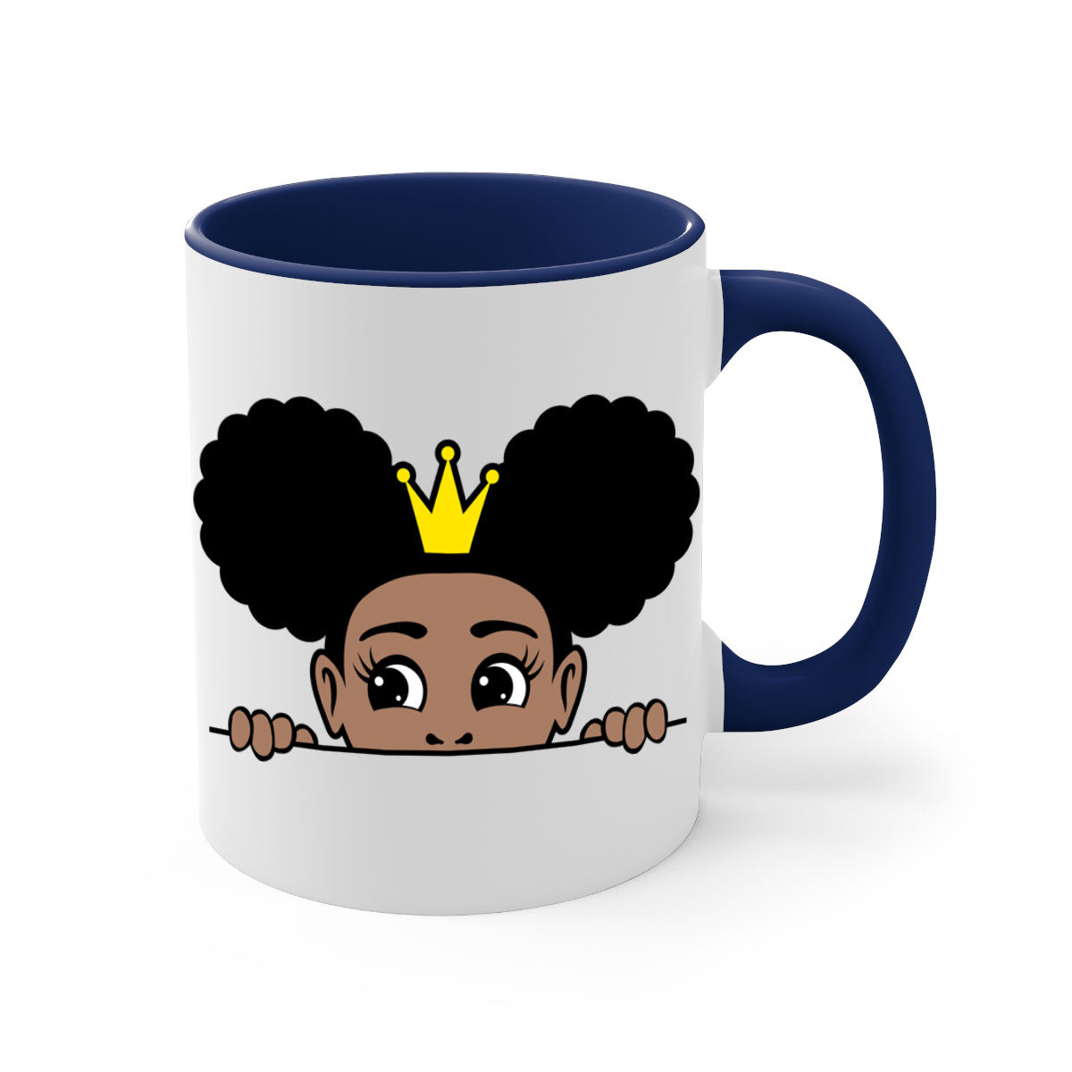 Crown Afro Puffs Mug featuring a glossy finish and colorful handle, designed for Black women and girls.