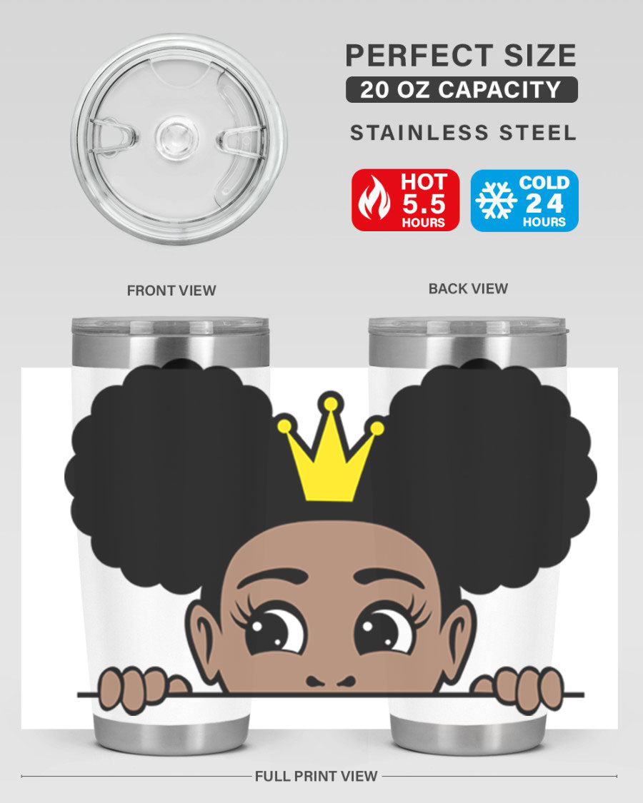 Crown Afro Puffs 51# Tumbler featuring a stylish design, double wall vacuum insulation, and a press-in drink-thru lid, perfect for women and girls.
