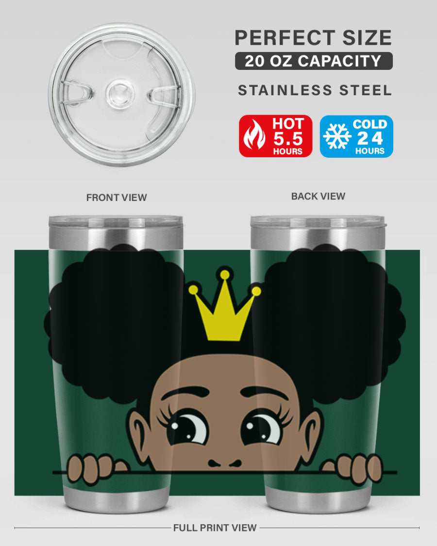 Crown Afro Puffs 51# Tumbler featuring a stylish design, double wall vacuum insulation, and a press-in drink-thru lid, perfect for women and girls.