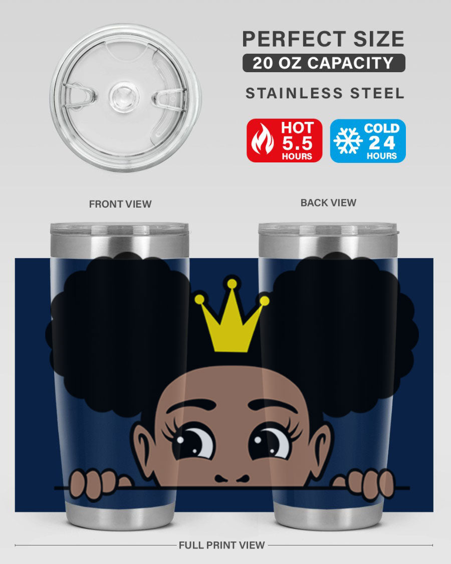 Crown Afro Puffs 51# Tumbler featuring a stylish design, double wall vacuum insulation, and a press-in drink-thru lid, perfect for women and girls.