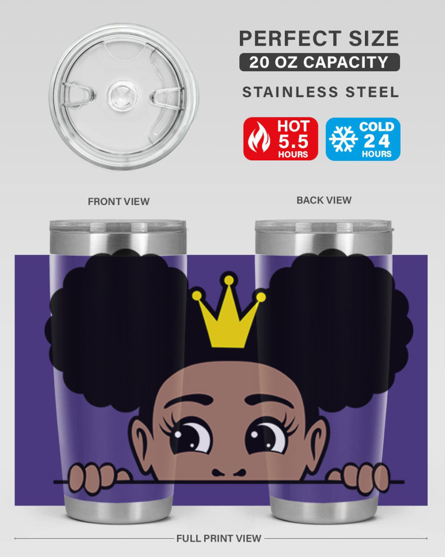 Crown Afro Puffs 51# Tumbler featuring a stylish design, double wall vacuum insulation, and a press-in drink-thru lid, perfect for women and girls.