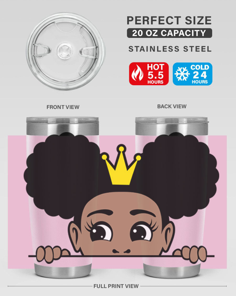 Crown Afro Puffs 51# Tumbler featuring a stylish design, double wall vacuum insulation, and a press-in drink-thru lid, perfect for women and girls.