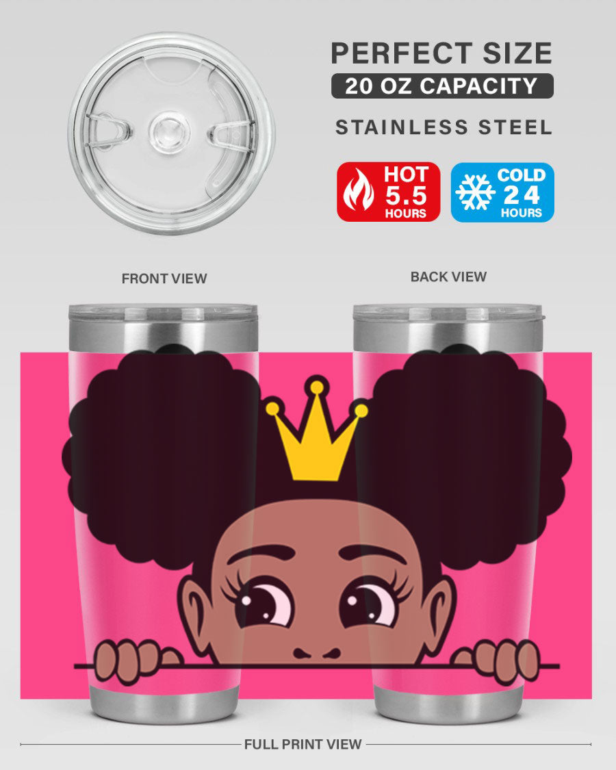 Crown Afro Puffs 51# Tumbler featuring a stylish design, double wall vacuum insulation, and a press-in drink-thru lid, perfect for women and girls.