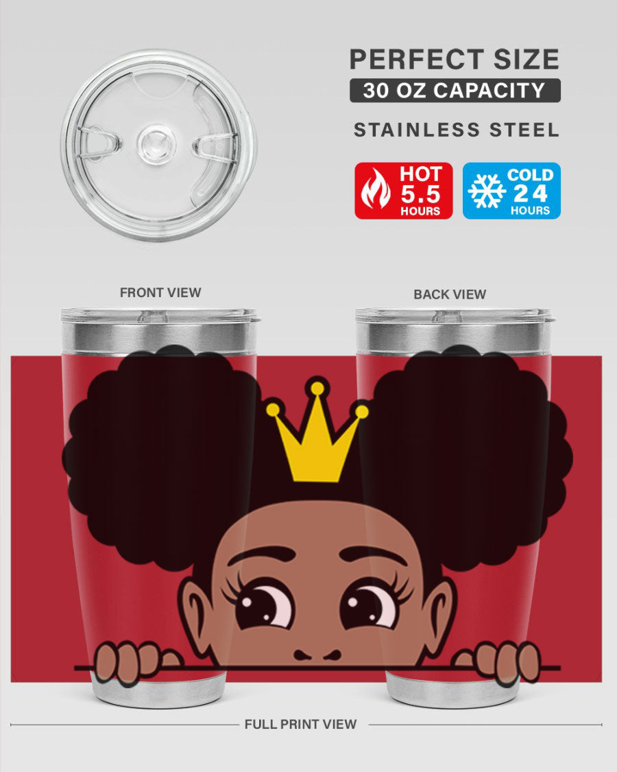 Crown Afro Puffs 51# Tumbler featuring a stylish design, double wall vacuum insulation, and a press-in drink-thru lid, perfect for women and girls.