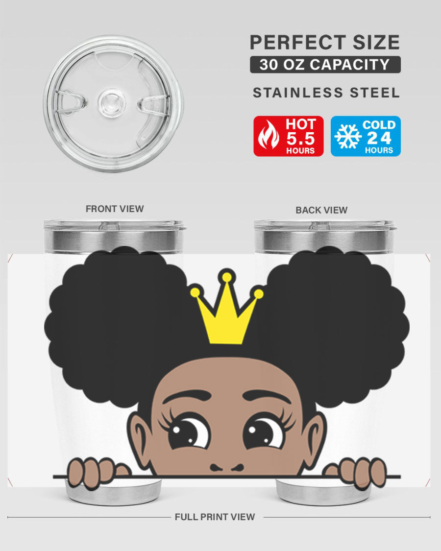 Crown Afro Puffs 51# Tumbler featuring a stylish design, double wall vacuum insulation, and a press-in drink-thru lid, perfect for women and girls.