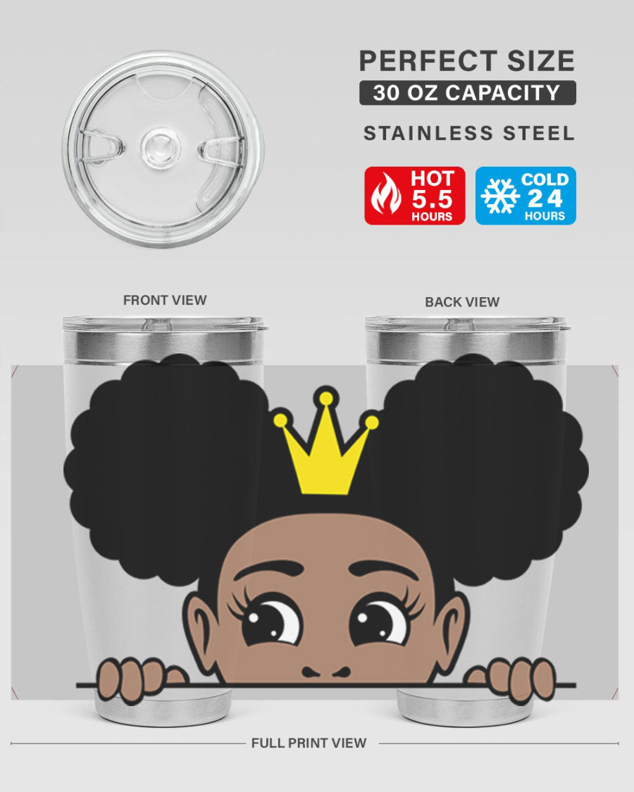 Crown Afro Puffs 51# Tumbler featuring a stylish design, double wall vacuum insulation, and a press-in drink-thru lid, perfect for women and girls.