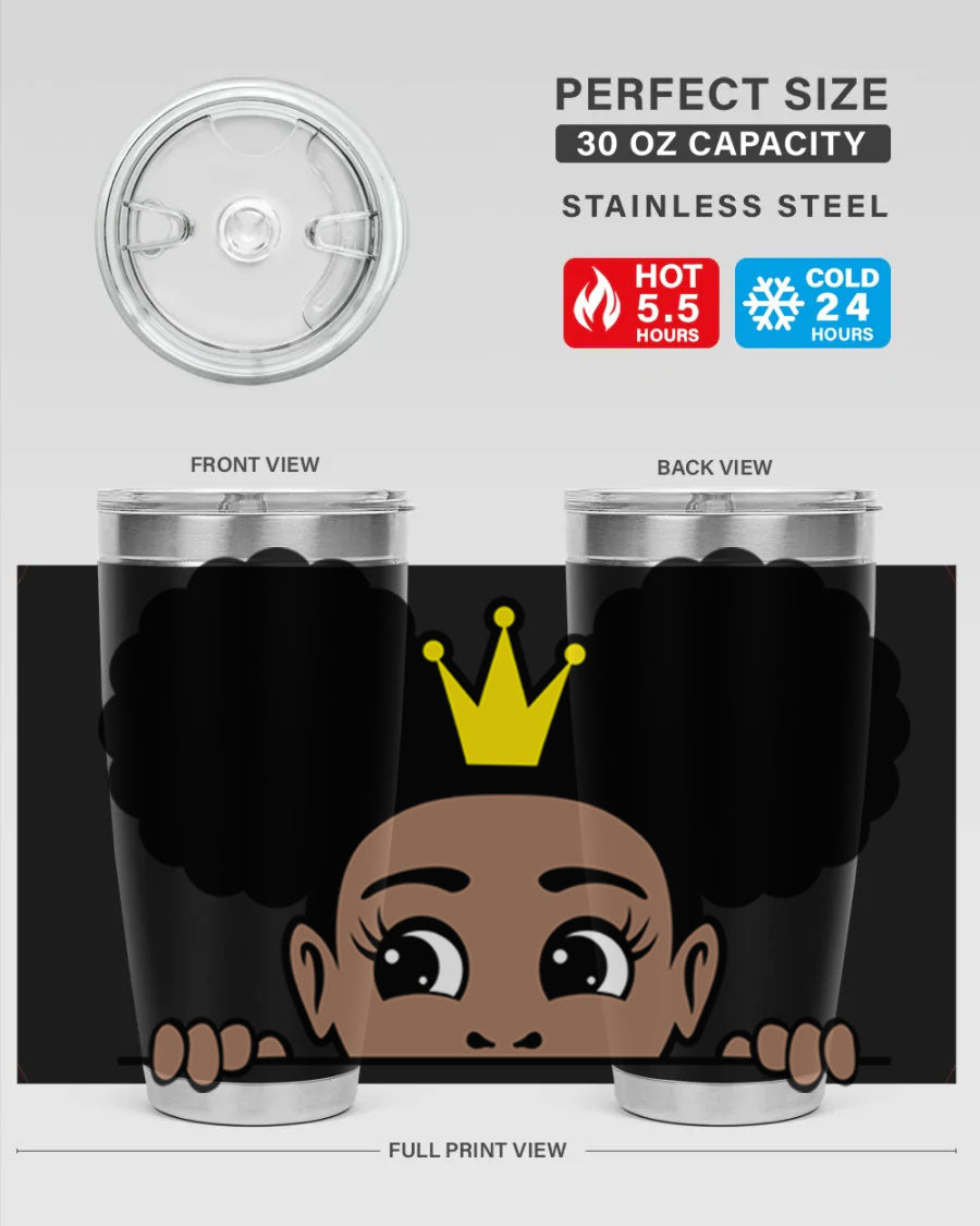 Crown Afro Puffs 51# Tumbler featuring a stylish design, double wall vacuum insulation, and a press-in drink-thru lid, perfect for women and girls.
