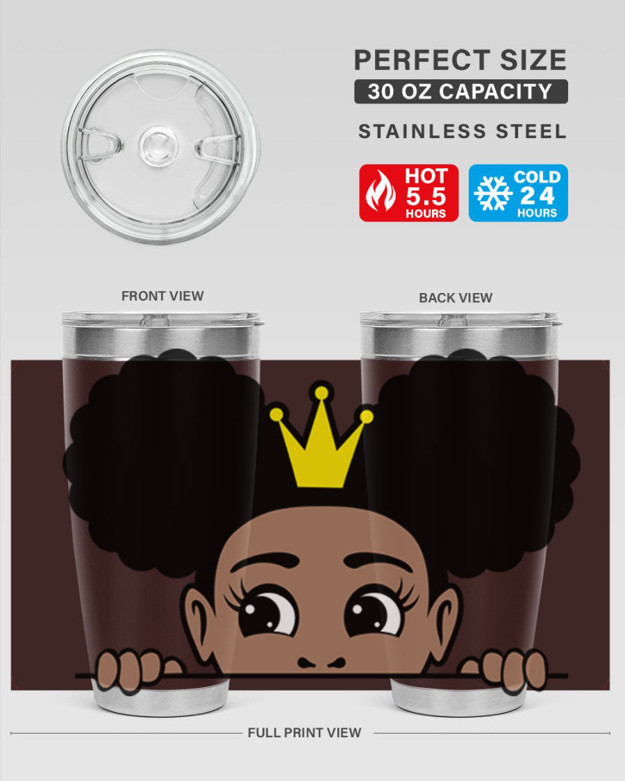 Crown Afro Puffs 51# Tumbler featuring a stylish design, double wall vacuum insulation, and a press-in drink-thru lid, perfect for women and girls.