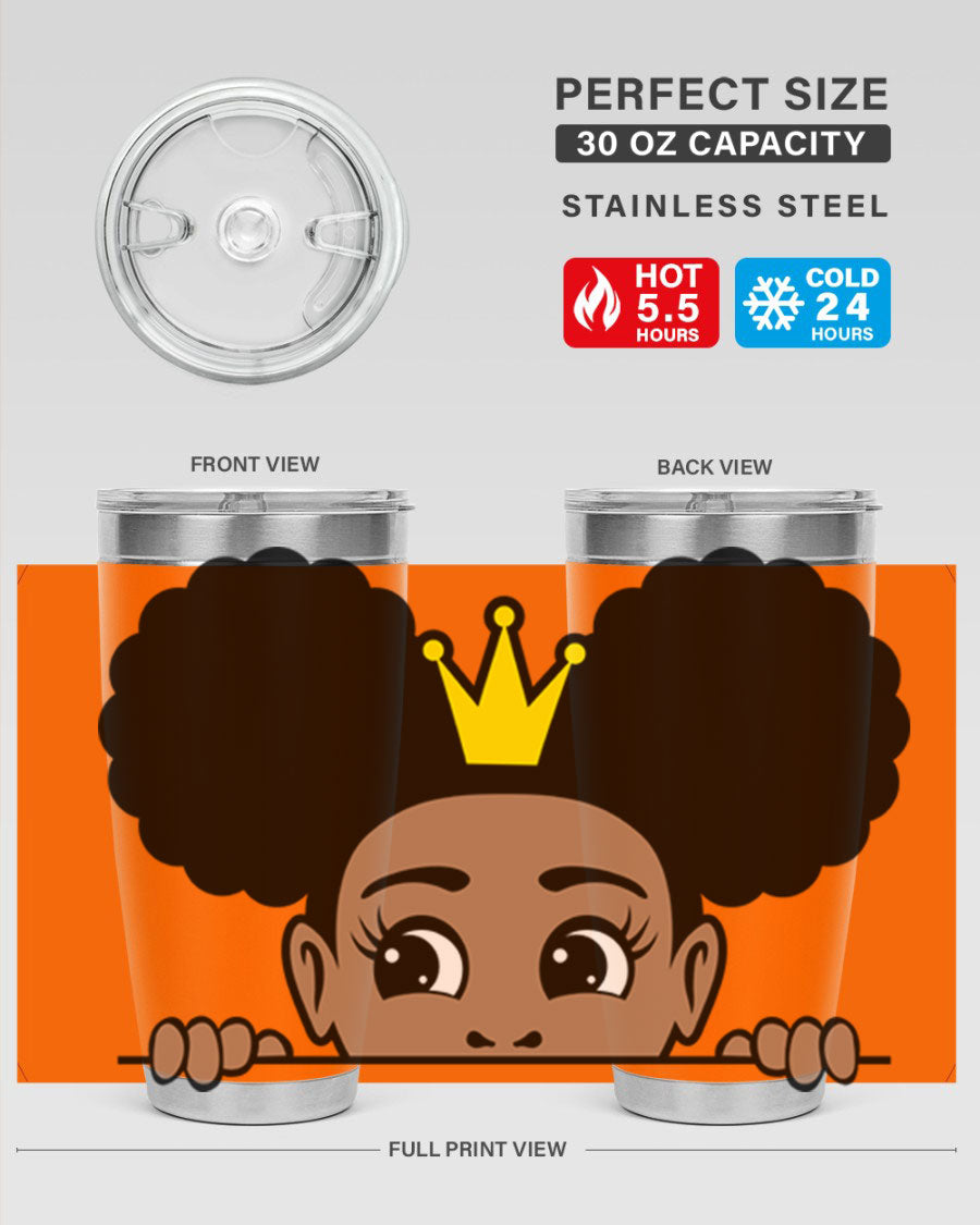 Crown Afro Puffs 51# Tumbler featuring a stylish design, double wall vacuum insulation, and a press-in drink-thru lid, perfect for women and girls.