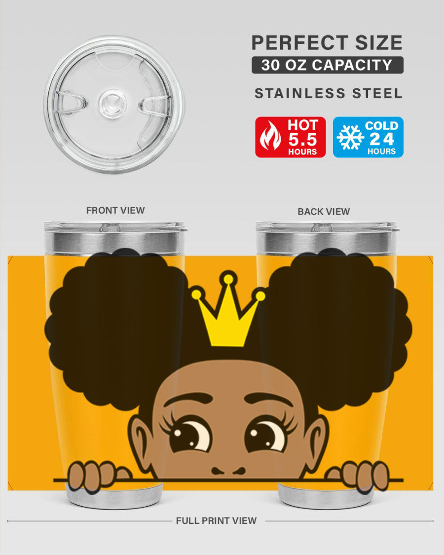 Crown Afro Puffs 51# Tumbler featuring a stylish design, double wall vacuum insulation, and a press-in drink-thru lid, perfect for women and girls.
