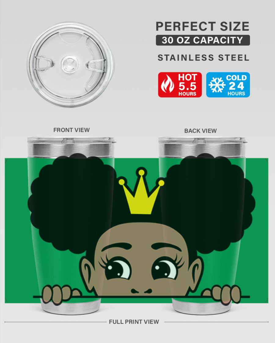 Crown Afro Puffs 51# Tumbler featuring a stylish design, double wall vacuum insulation, and a press-in drink-thru lid, perfect for women and girls.