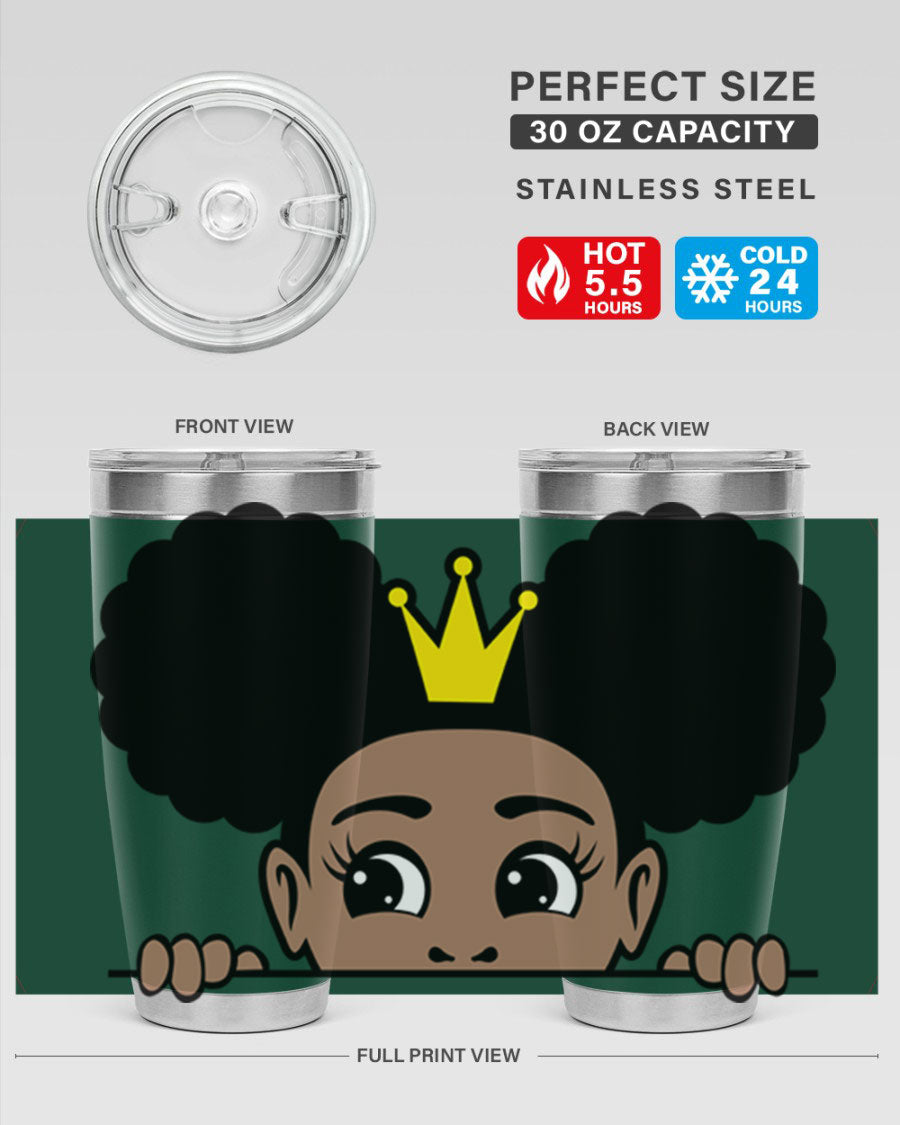 Crown Afro Puffs 51# Tumbler featuring a stylish design, double wall vacuum insulation, and a press-in drink-thru lid, perfect for women and girls.