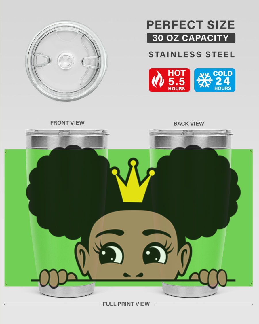 Crown Afro Puffs 51# Tumbler featuring a stylish design, double wall vacuum insulation, and a press-in drink-thru lid, perfect for women and girls.