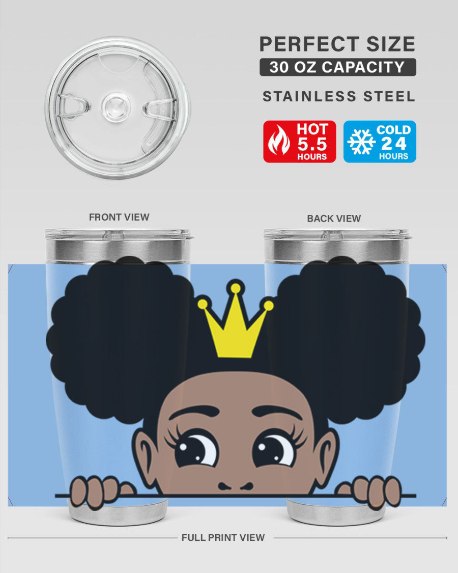 Crown Afro Puffs 51# Tumbler featuring a stylish design, double wall vacuum insulation, and a press-in drink-thru lid, perfect for women and girls.