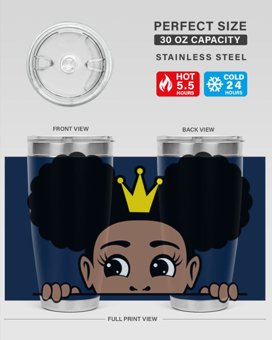 Crown Afro Puffs 51# Tumbler featuring a stylish design, double wall vacuum insulation, and a press-in drink-thru lid, perfect for women and girls.