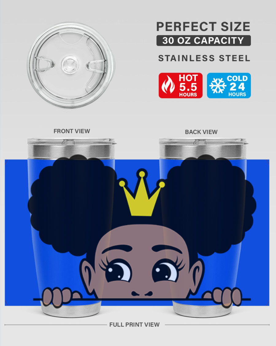 Crown Afro Puffs 51# Tumbler featuring a stylish design, double wall vacuum insulation, and a press-in drink-thru lid, perfect for women and girls.
