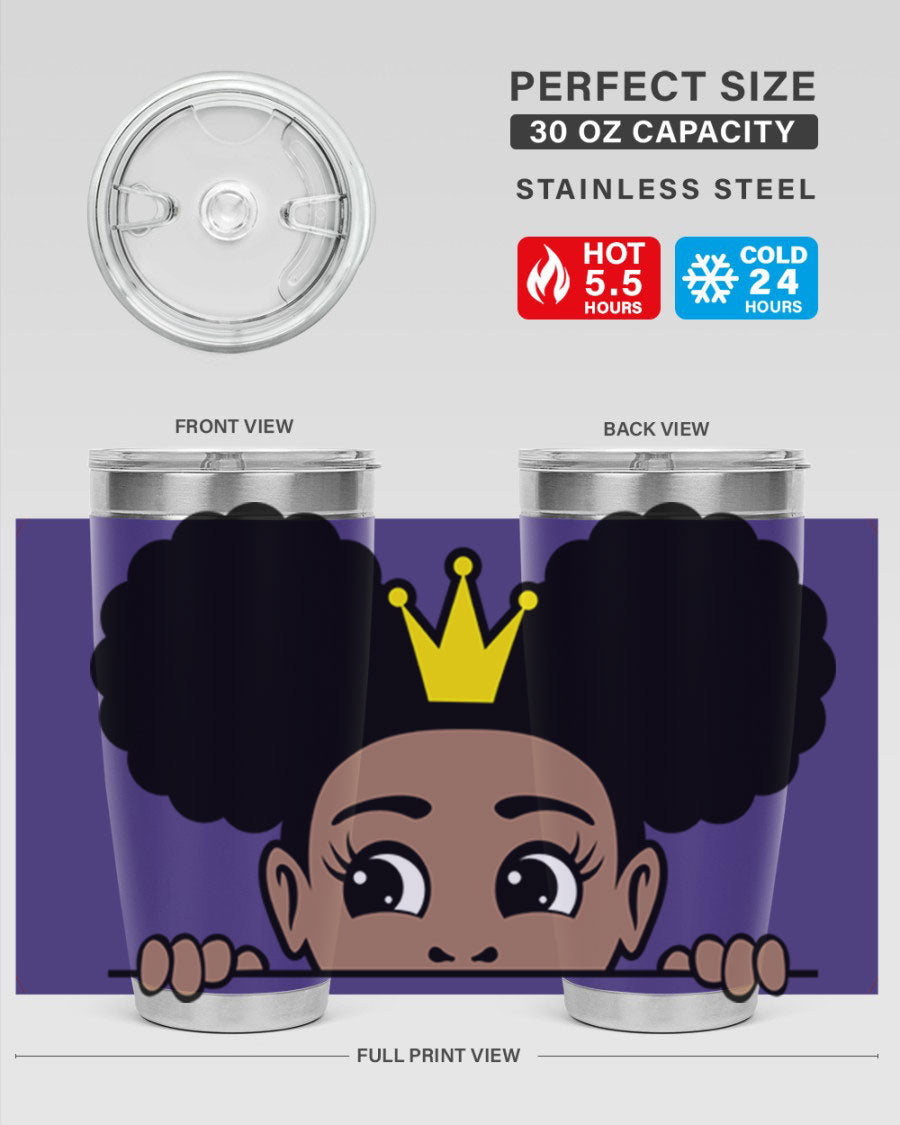 Crown Afro Puffs 51# Tumbler featuring a stylish design, double wall vacuum insulation, and a press-in drink-thru lid, perfect for women and girls.