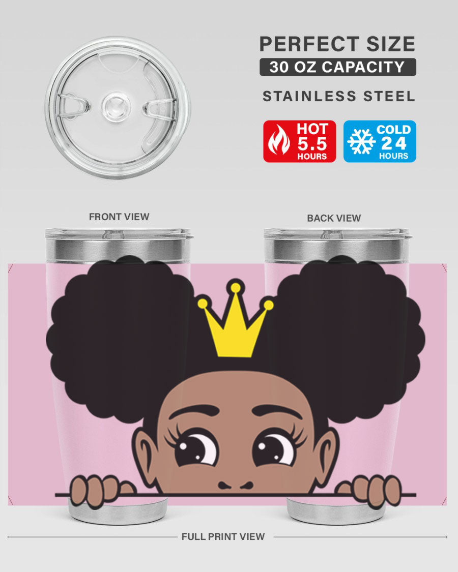 Crown Afro Puffs 51# Tumbler featuring a stylish design, double wall vacuum insulation, and a press-in drink-thru lid, perfect for women and girls.