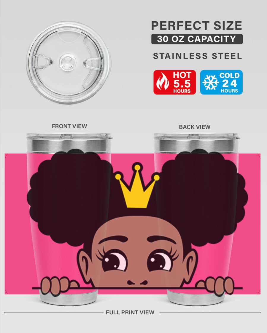 Crown Afro Puffs 51# Tumbler featuring a stylish design, double wall vacuum insulation, and a press-in drink-thru lid, perfect for women and girls.
