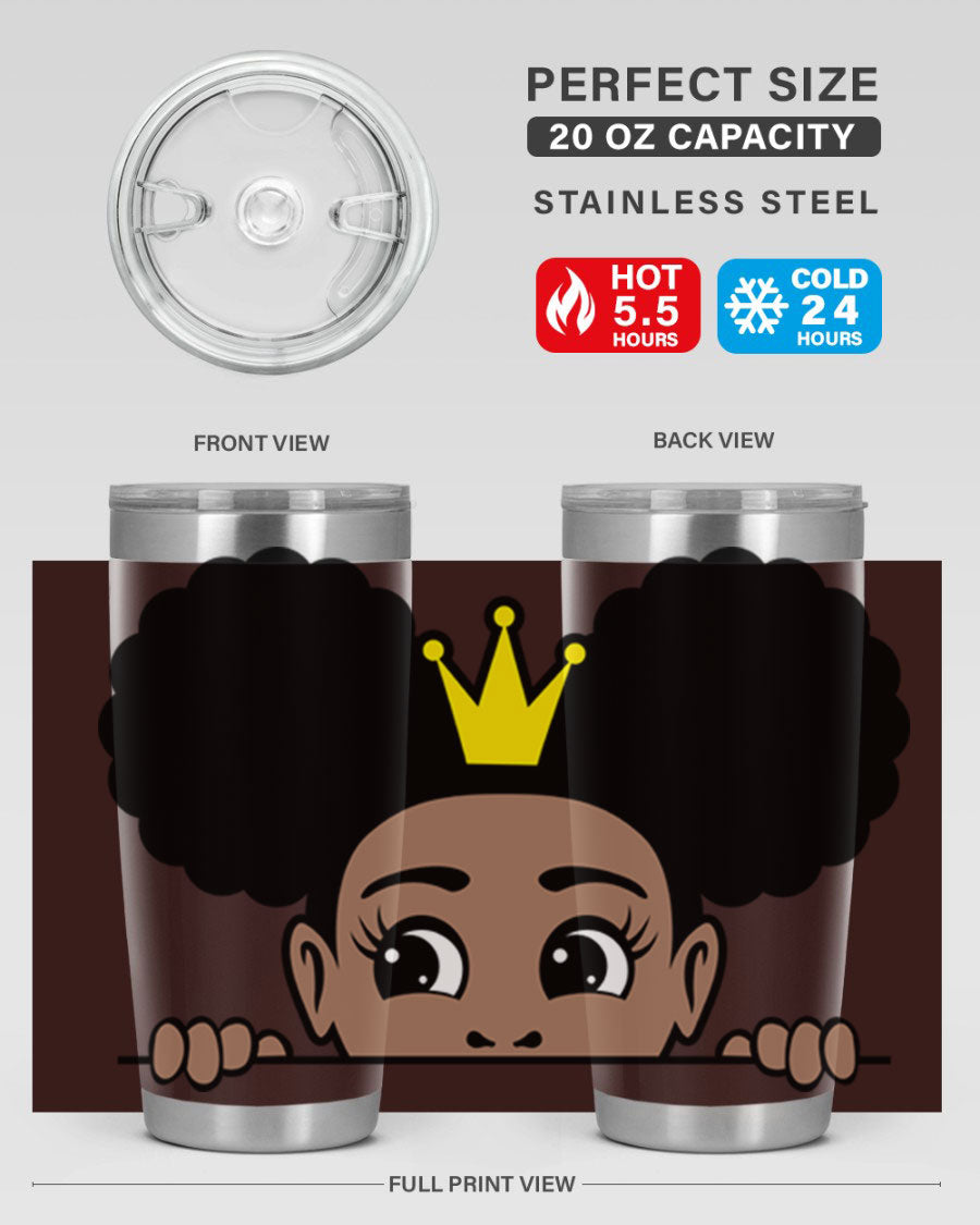 Crown Afro Puffs 51# Tumbler featuring a stylish design, double wall vacuum insulation, and a press-in drink-thru lid, perfect for women and girls.