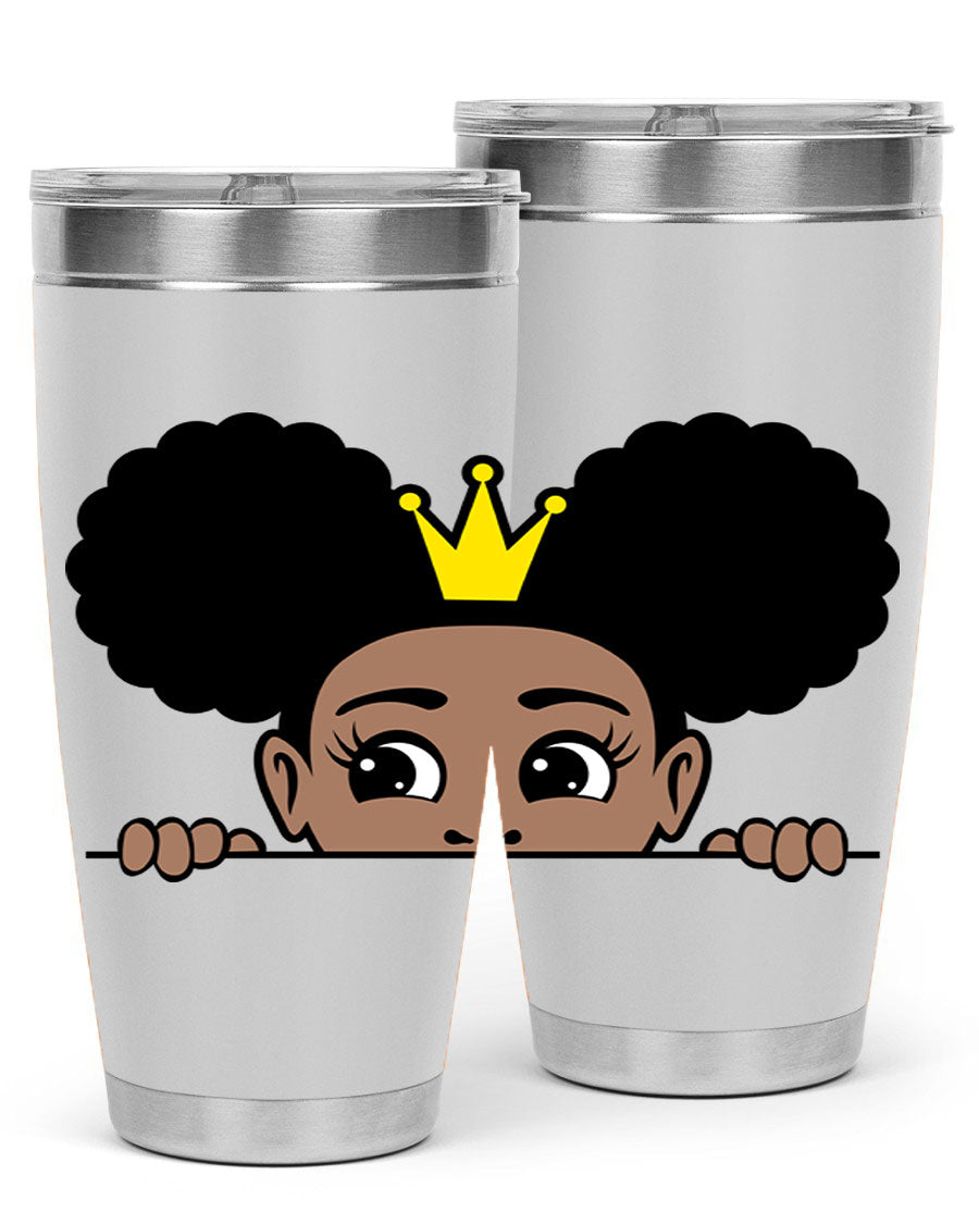 Crown Afro Puffs 51# Tumbler featuring a stylish design, double wall vacuum insulation, and a press-in drink-thru lid, perfect for women and girls.