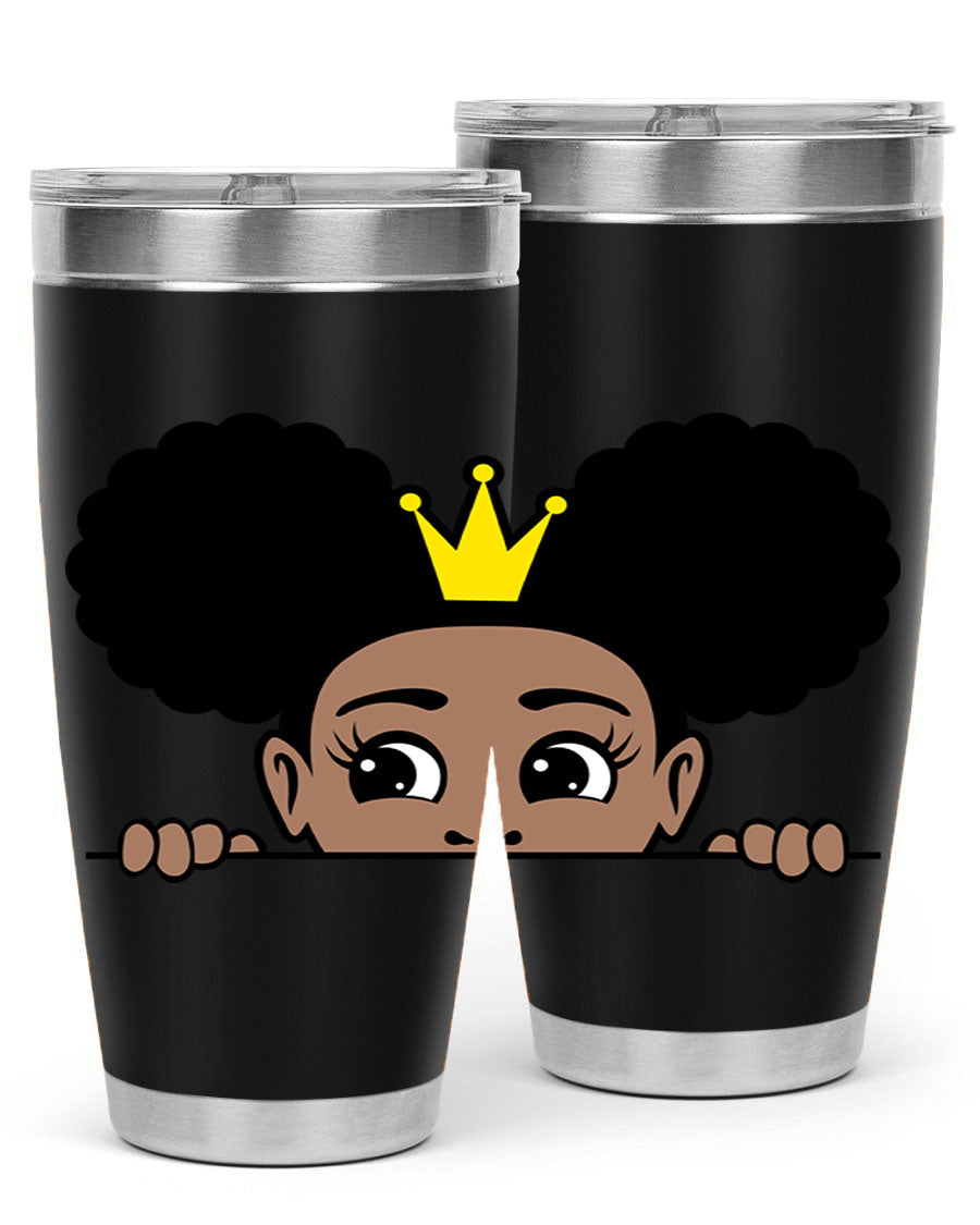 Crown Afro Puffs 51# Tumbler featuring a stylish design, double wall vacuum insulation, and a press-in drink-thru lid, perfect for women and girls.