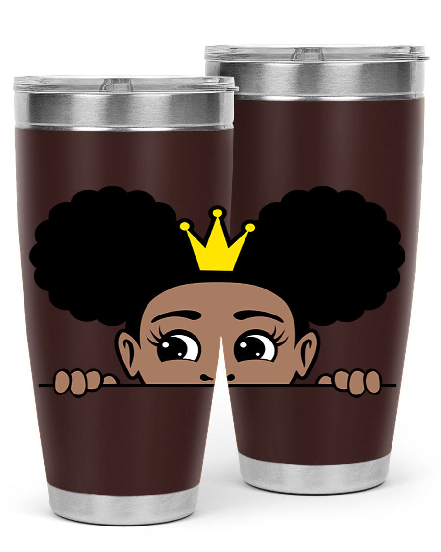 Crown Afro Puffs 51# Tumbler featuring a stylish design, double wall vacuum insulation, and a press-in drink-thru lid, perfect for women and girls.