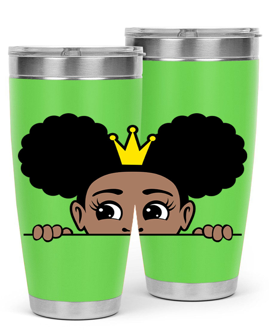Crown Afro Puffs 51# Tumbler featuring a stylish design, double wall vacuum insulation, and a press-in drink-thru lid, perfect for women and girls.