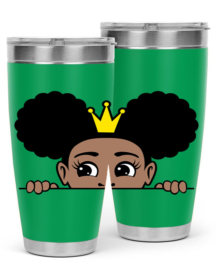 Crown Afro Puffs 51# Tumbler featuring a stylish design, double wall vacuum insulation, and a press-in drink-thru lid, perfect for women and girls.