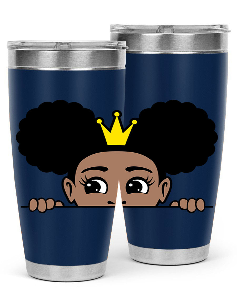 Crown Afro Puffs 51# Tumbler featuring a stylish design, double wall vacuum insulation, and a press-in drink-thru lid, perfect for women and girls.