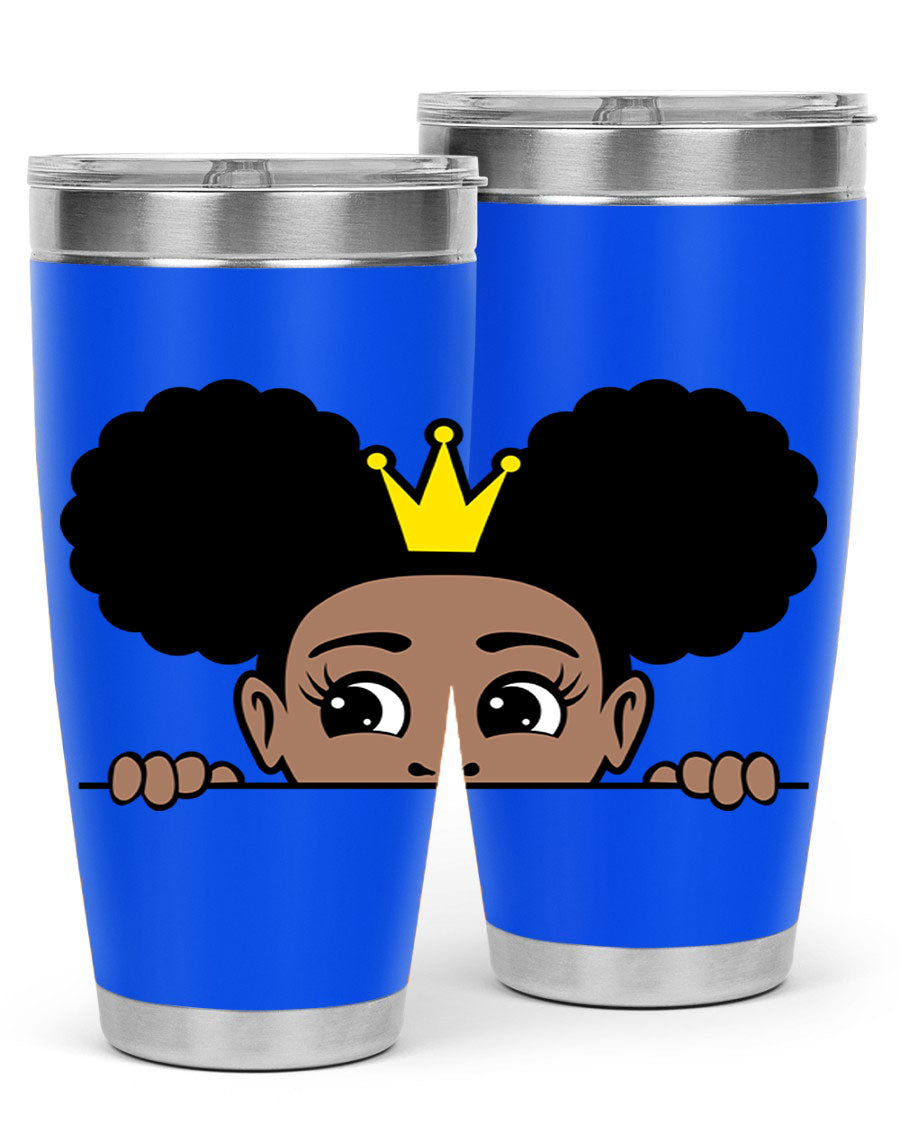 Crown Afro Puffs 51# Tumbler featuring a stylish design, double wall vacuum insulation, and a press-in drink-thru lid, perfect for women and girls.
